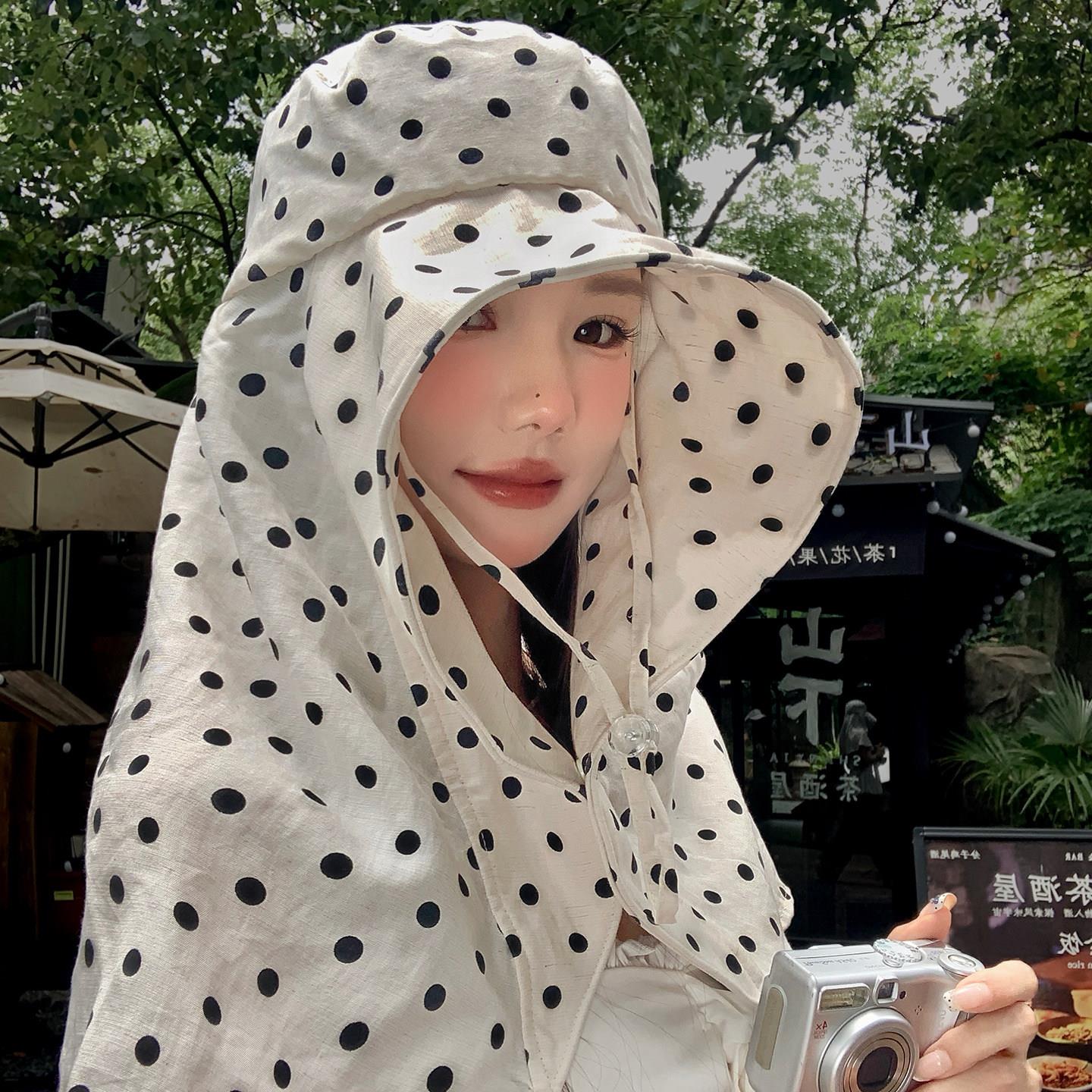 大波点大帽檐披肩护颈防晒帽女夏季户外遮阳抗UV遮阳帽渔夫帽