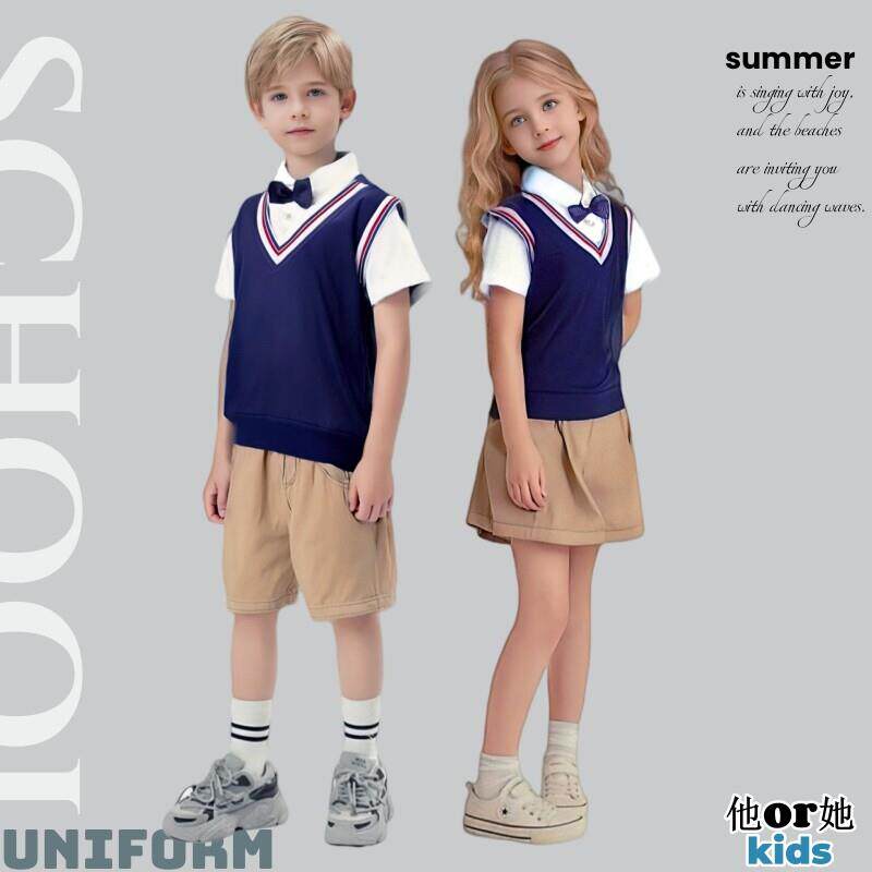 儿童夏季校服园服毕业拍照幼儿园粉红假两件套装百褶裙英伦风领结