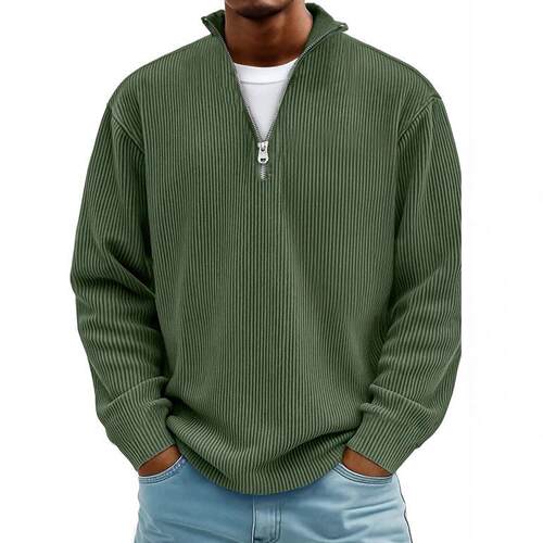 Men's standing collar zipper corduroy long sleeved shirt