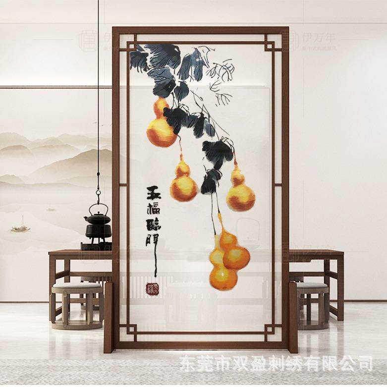 双面绣苏绣发光圆框五福临门屏风格栅隔断博古架半透明纱布画心