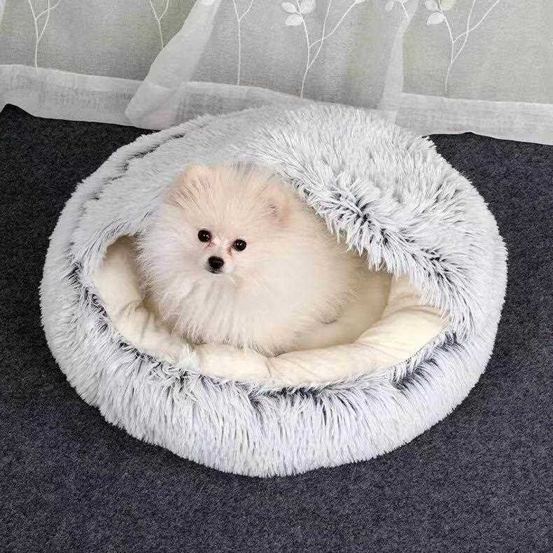 新款直销长毛绒两用半封闭式中小型狗窝猫窝宠物窝垫圆形