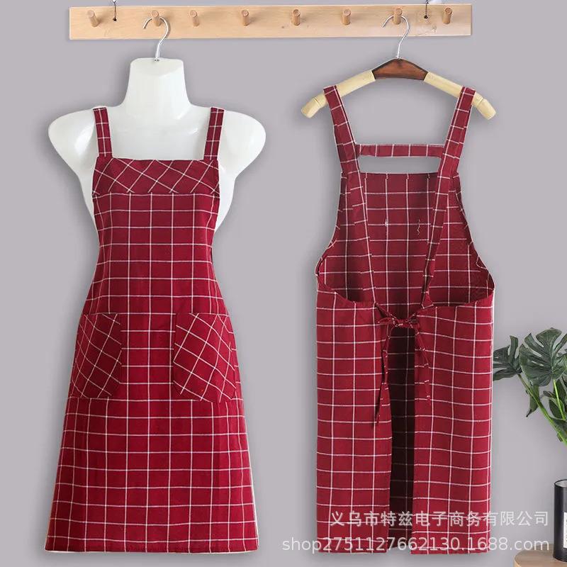棉麻布围裙家用厨房新款双口袋工作服背带做饭围腰防污透气男女用