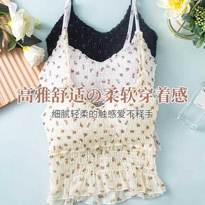 新款直销2022法式蕾丝碎花褶皱吊带背心女带胸垫内搭外穿裹胸抹胸