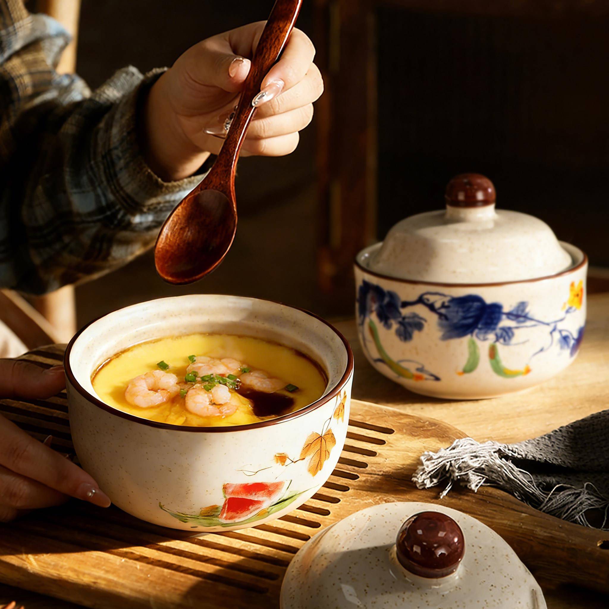 陶瓷炖盅一人食复古瓦罐家用煲汤隔水炖煲蒸蛋碗带盖小碗汤罐