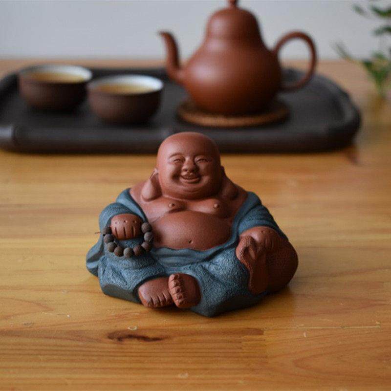 紫泥精品彩财弥勒佛如来佛笑脸佛小和尚茶宠物雕塑茶盘小饰物