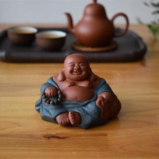 紫泥精品彩财弥勒佛如来佛笑脸佛小和尚茶宠物雕塑茶盘小饰物