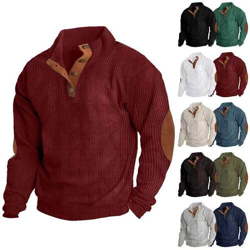 Men's Solid-Color Patchwork Corduroy Sweatshirt Regular Fit