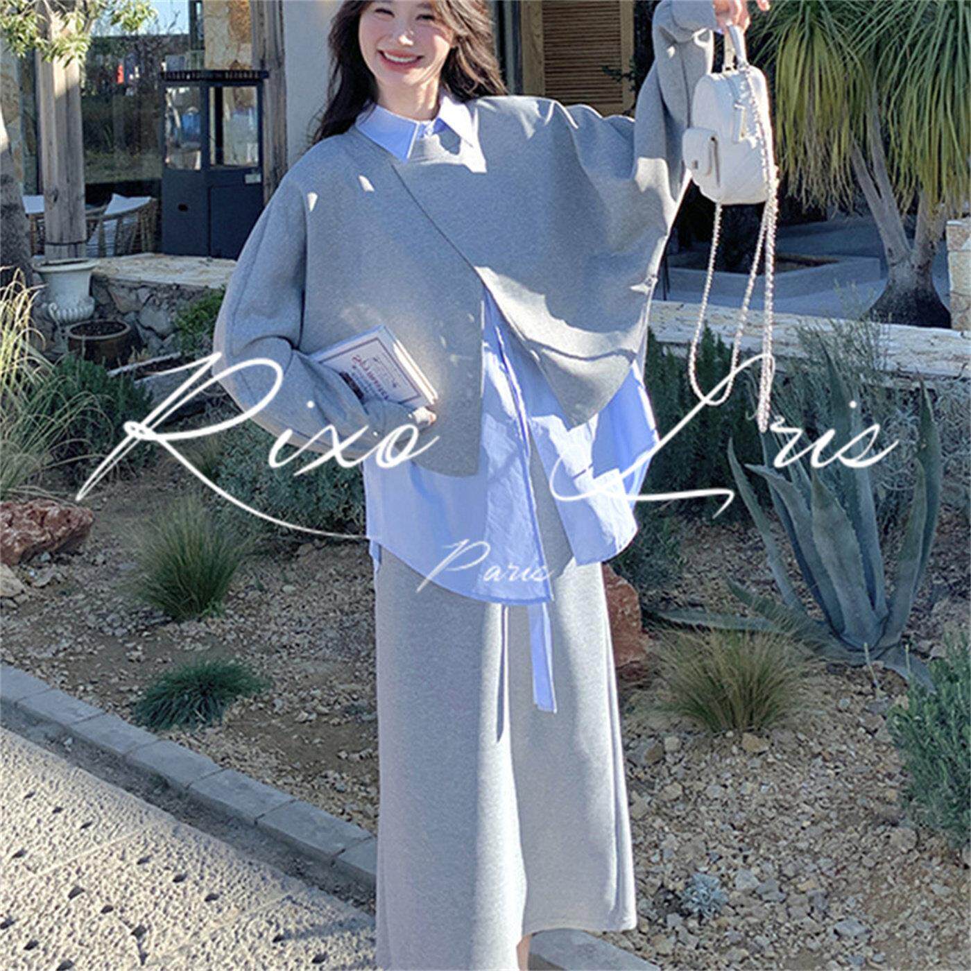 RIXO LRIS法式设计感不规则马甲衬衫女春秋休闲百搭半身裙三件套