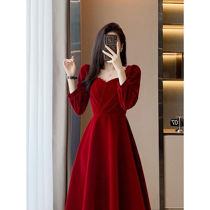 Capacity Kiss春秋新款法式复古时尚显瘦宴会订婚礼服丝绒连衣裙
