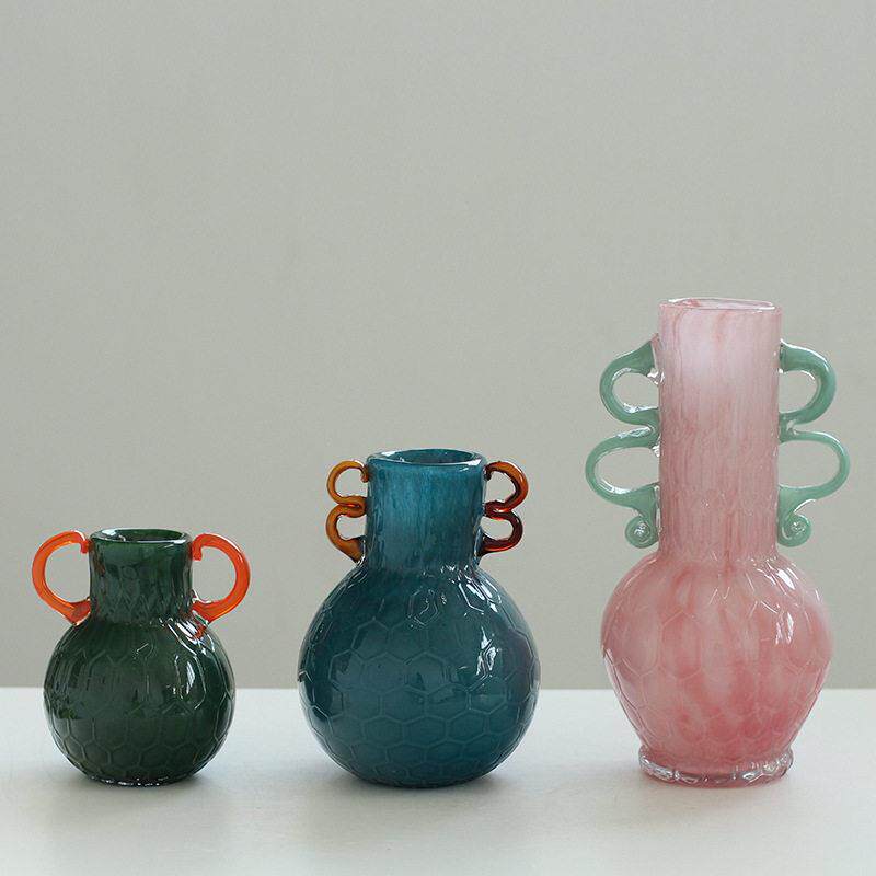 斯堪的纳维亚风格双耳磁粉手工双色花纹锅肚餐桌软装（不对称手柄