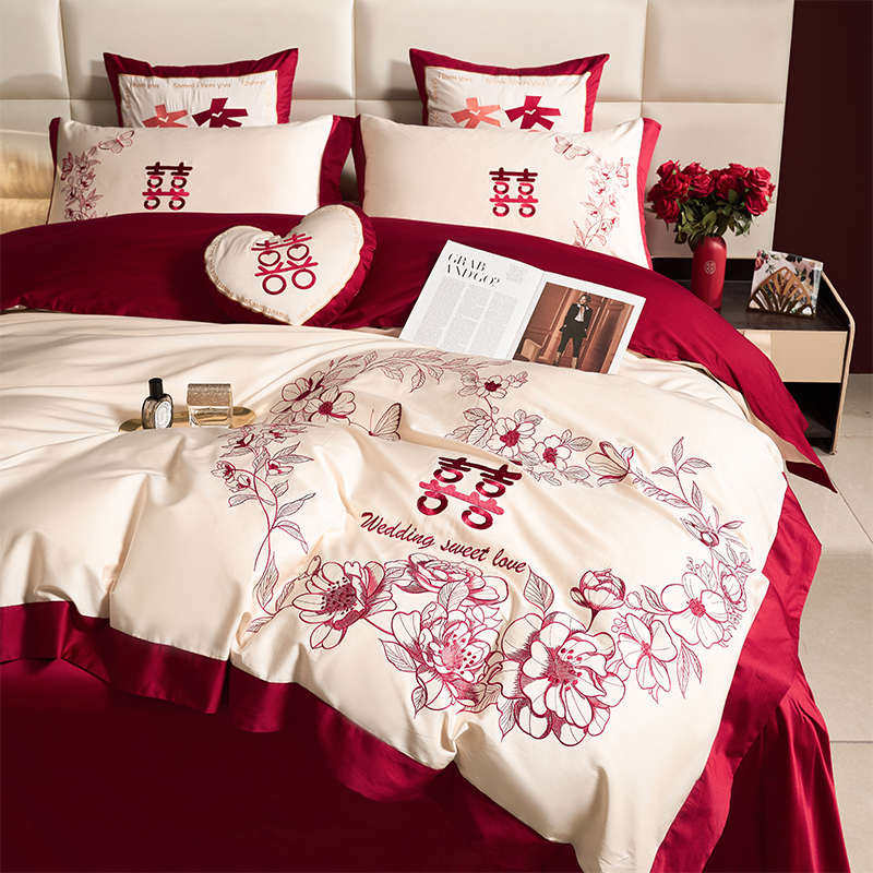 床上四件套红色婚庆100支长绒棉全棉印花喜庆新婚房嫁高级感床品4,床上用品,婚庆床品套件,淘宝优惠券,粉丝福利购,淘宝优惠卷