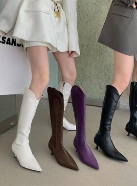 QVU~品牌专柜！欧美尖头长筒靴女细跟性感百搭不过膝显瘦高筒靴子