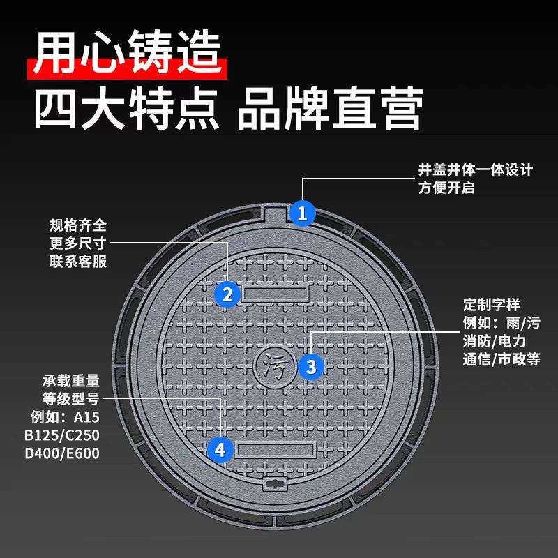 墨铸铁盖圆形形方雨水污水窨井盖沙井盖重型市政专用电井力球消防