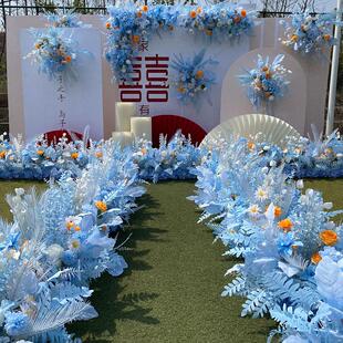 蓝色婚庆仿真花婚礼花排背景地排花道具拐角花铁艺路引花点布置
