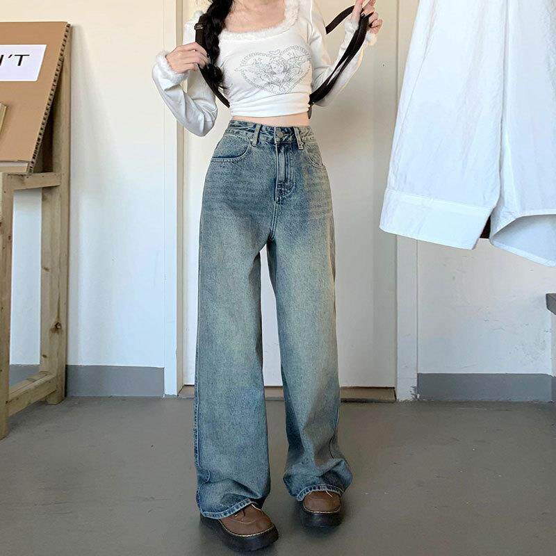 宽松梨型休闲遮肉阔腿牛仔裤女小个子高腰怀旧美式复古直筒拖地裤
