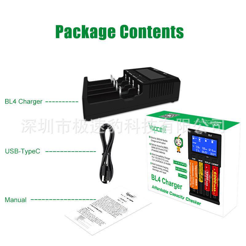 Vapcell新款BL43A快充电器四槽智能镍氢/锂离子磷酸铁锂可测容量
