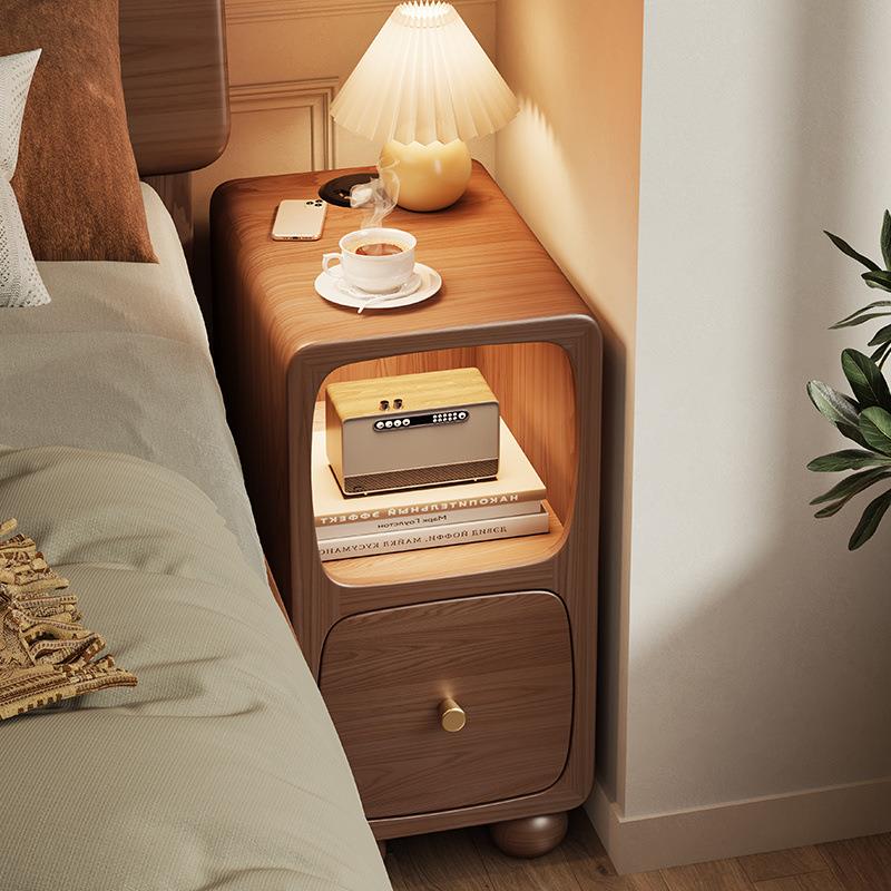 现代简约 全实木角边几窄柜小户型床头柜卧室带灯储物边柜子25CM