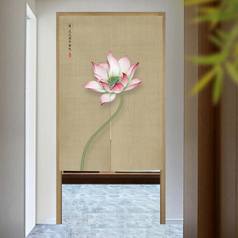 中式简约禅意荷花棉麻玄关门帘布艺家用卧室化妆室遮挡隔断窗厨房