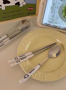 套装筷子不锈钢勺子套盒ins高颜值餐具三件套收纳盒叉子学生