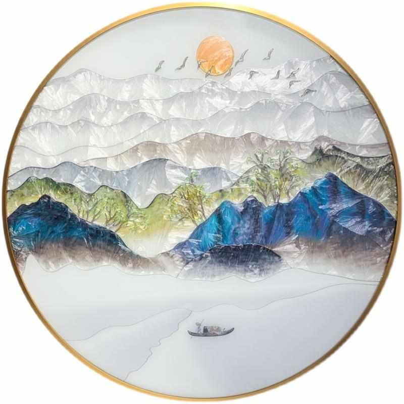 新中式客厅山水珐琅彩装饰画玄关过道圆形风景挂画餐厅墙画艺术画