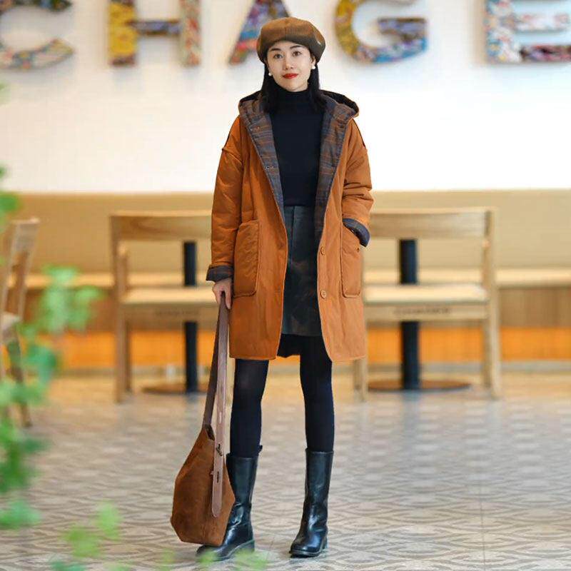 香港时尚百搭加厚两面穿棉衣女秋冬季宽松中长款连帽保暖棉服外套