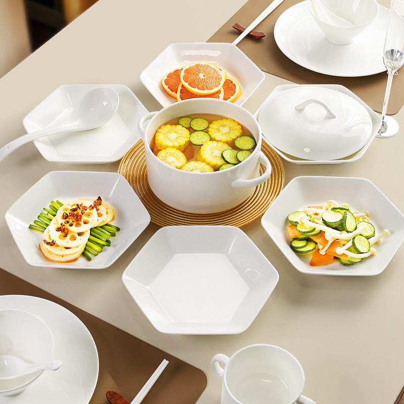骨瓷盘子圆桌拼盘餐具组合套装家用网红六角拼盘餐具套组陶瓷新款