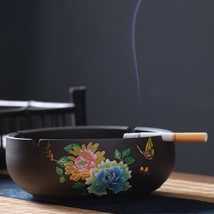 创意大号紫砂烟灰缸复古时尚 陶瓷烟缸家用客厅办公室防云 中式 个性