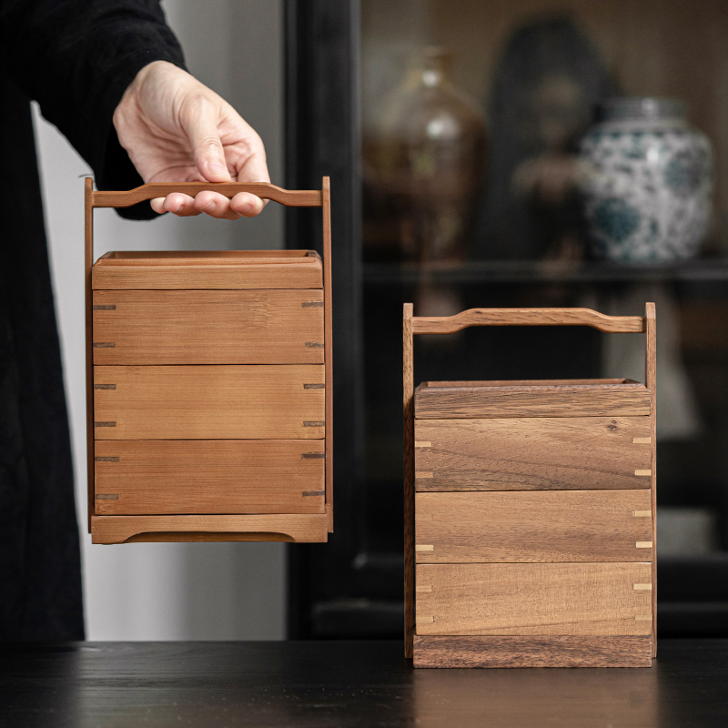 礼品盒点心中式木盒手提篮收纳盒复古竹制便携式露营水果三层户外