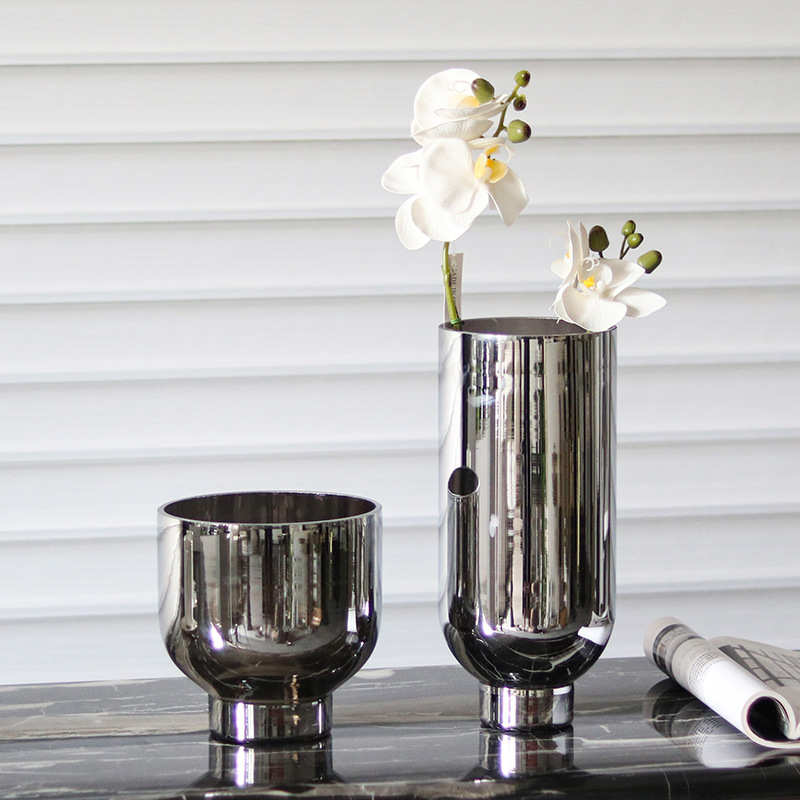 北欧电镀圆筒玻璃花瓶简约现代客厅餐桌高级感花器样板房装饰摆件