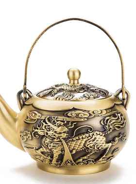 黄铜复古中式麒麟手提壶摆件家用客厅泡茶壶创意装饰金属工艺品
