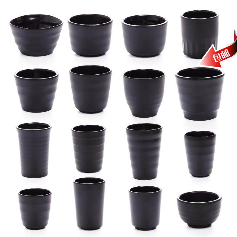 A5密胺黑色韩式料理白酒杯子磨砂彷瓷火锅饮料杯大麦茶杯螺纹水杯