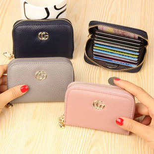 欧美真皮拉链风琴卡包 多功能简约荔枝纹头层牛皮信用卡卡包零钱