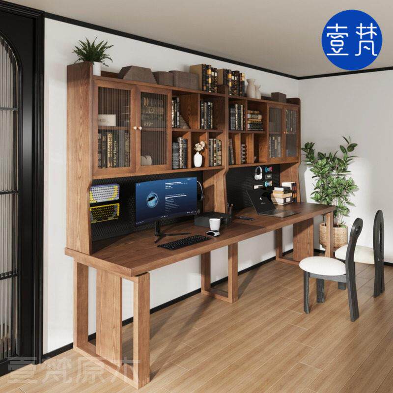 实木双人书桌家用电脑台式桌书房办公桌工作台简约学生写字长条桌