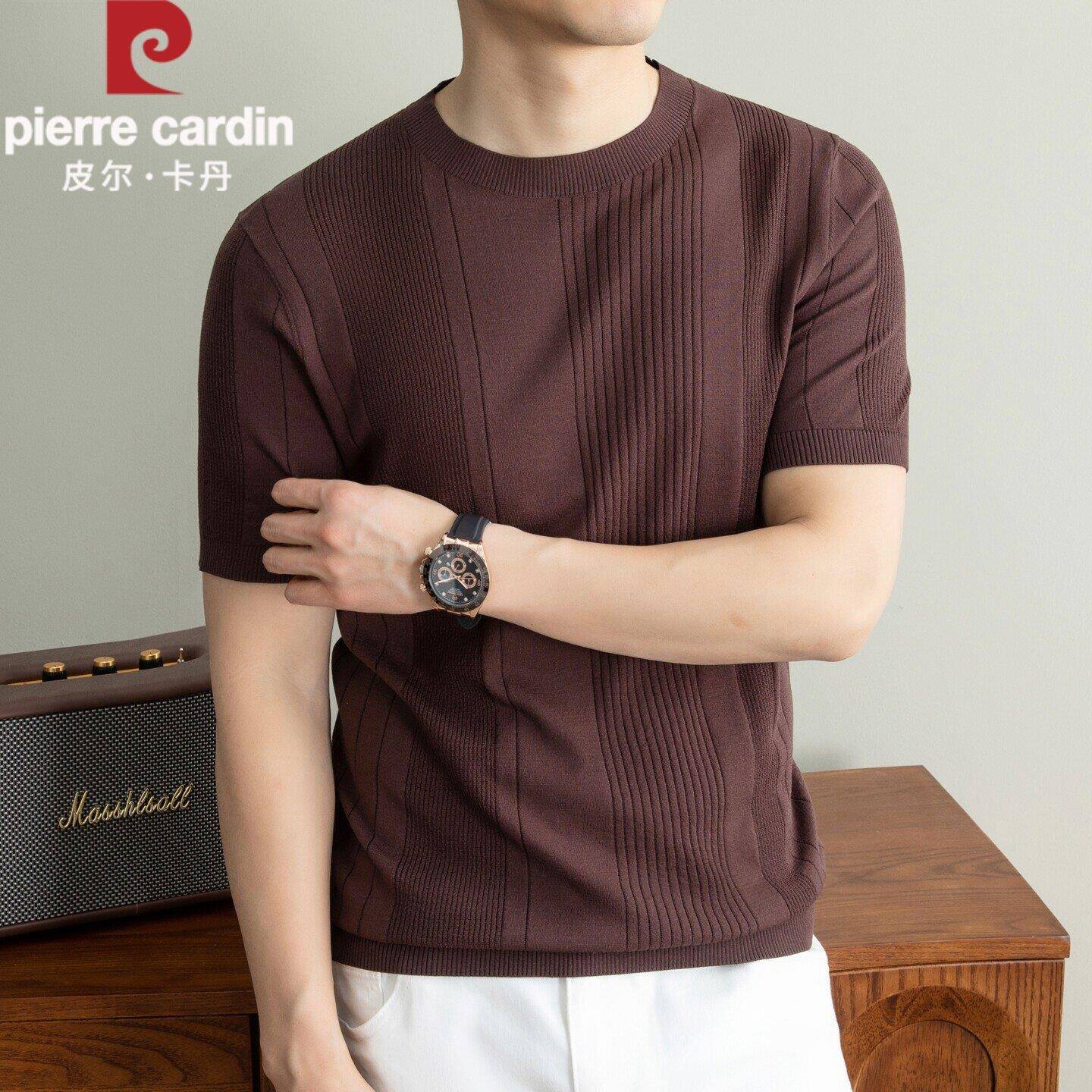 皮尔卡丹细条纹设计感圆领短袖T恤男夏季透气商务百搭休闲针织衫