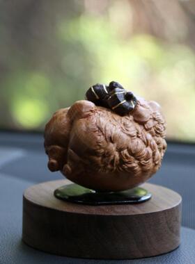 太阳能自动旋转创意车件黄杨摆木雕十二生肖绵羊小车CAJ载招财汽