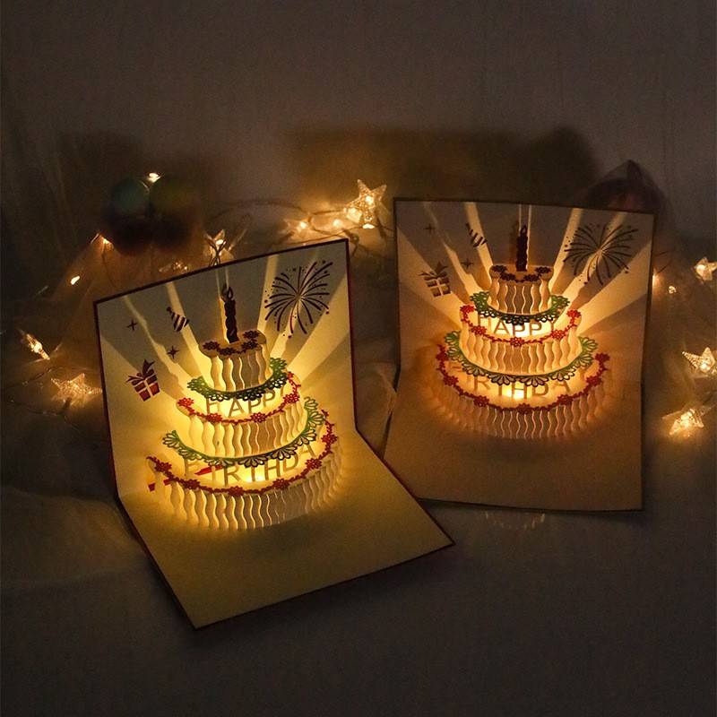 生日蛋糕音乐灯光立体贺卡纸雕创意礼物节日祝福留言卡片外贸