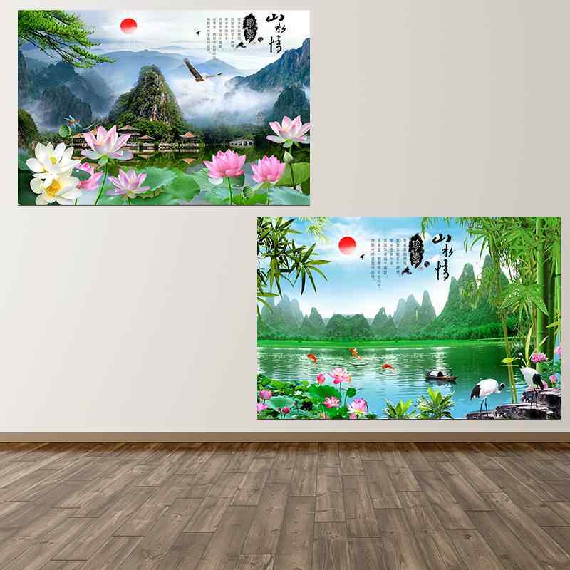 江南风景山水情画报新中式客厅墙贴自粘防水装饰壁画有框横版挂画