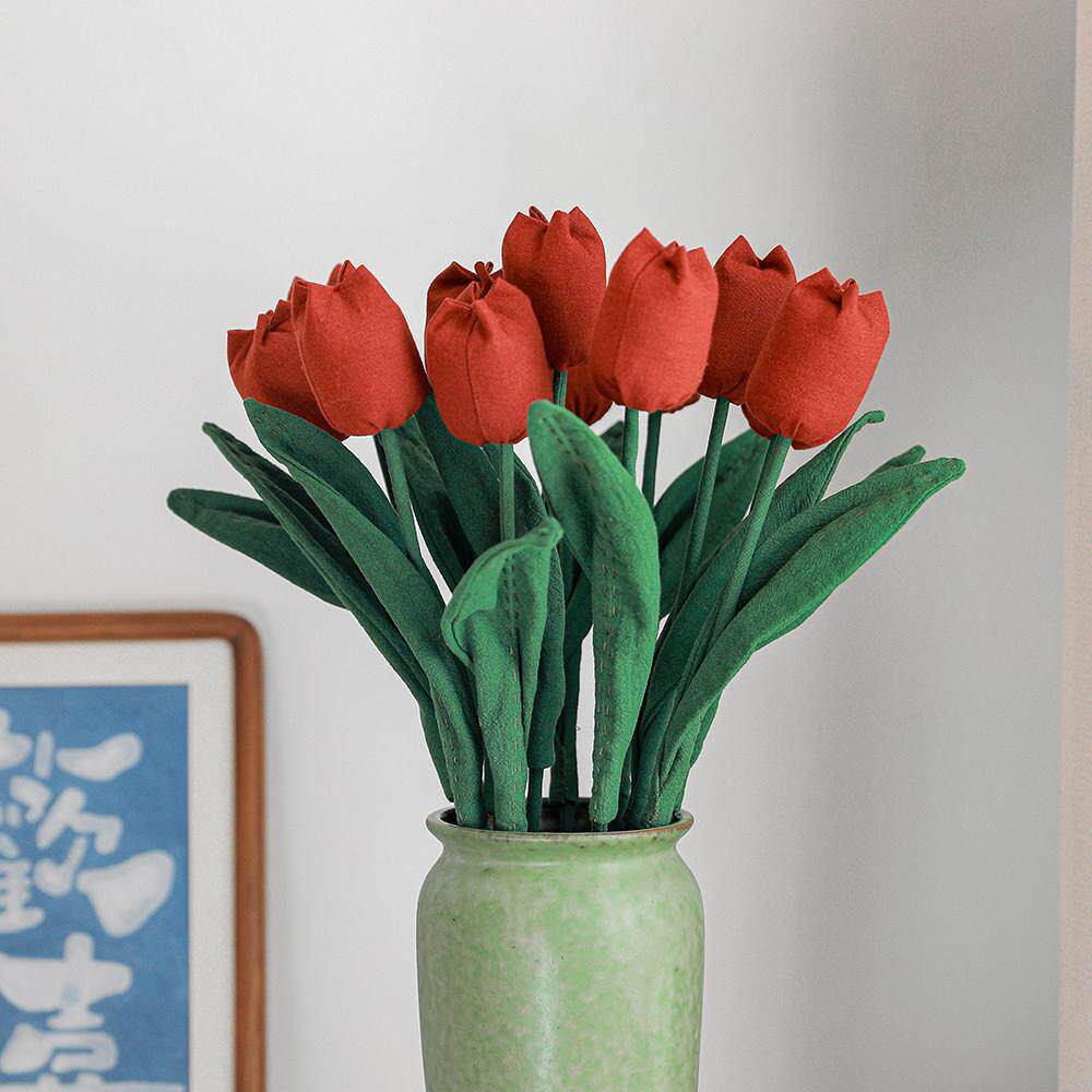 手工布艺郁金香仿真花高级感假花摆设客厅摆件餐桌花新年装饰花束