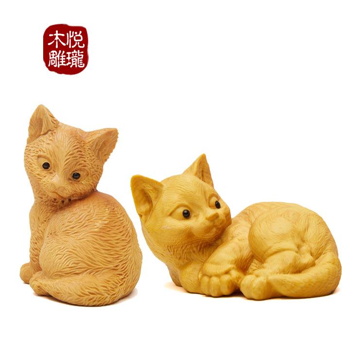 乐清黄杨木雕小猫咪木质工艺品仿真创意礼品动物居家汽车摆件