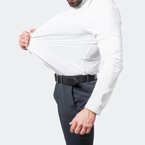 Four sided stretch iron free men's long sleeved shirt with