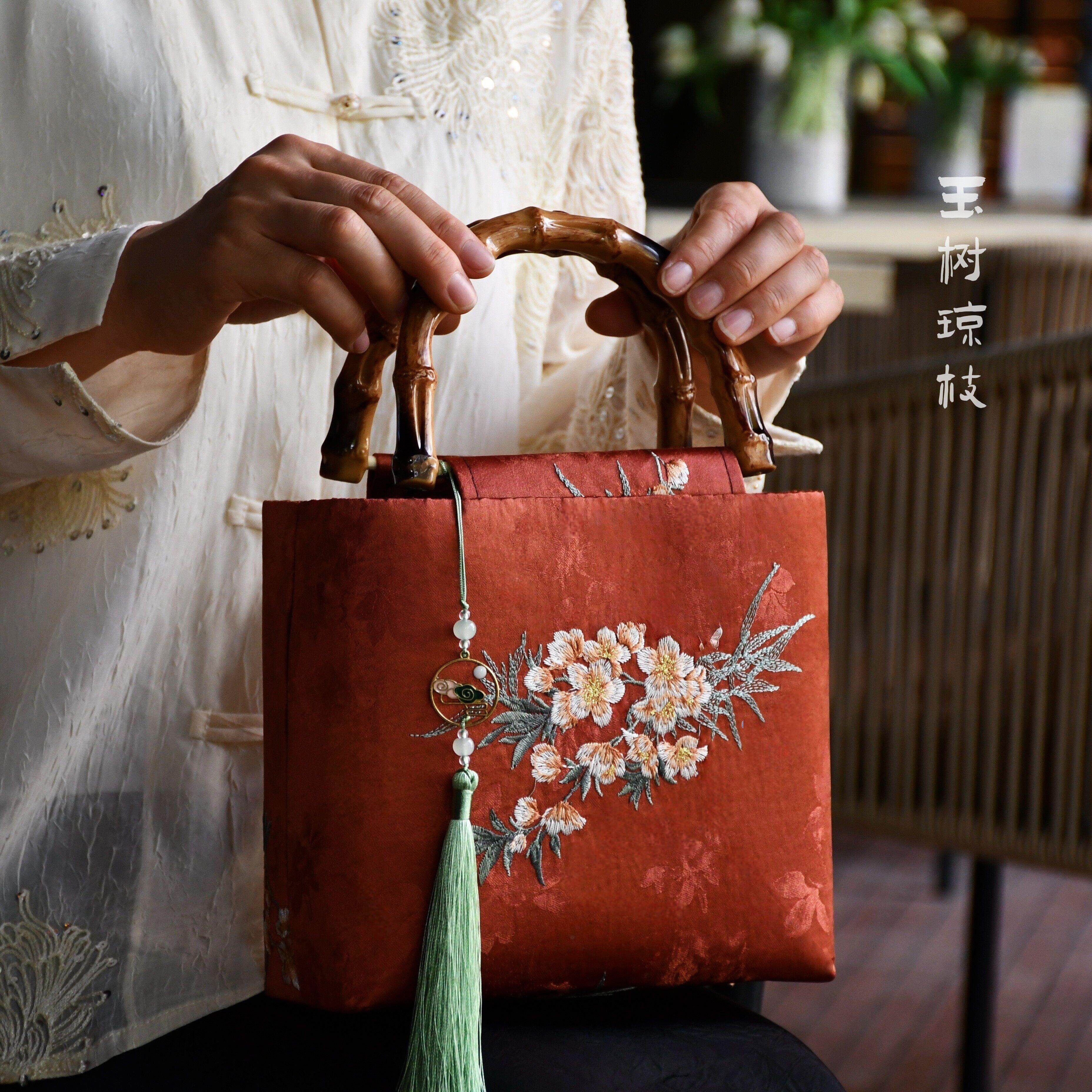竹节黑盒—非遗原创新中式慈溪宋锦香云纱手工包口金包DIY材料包