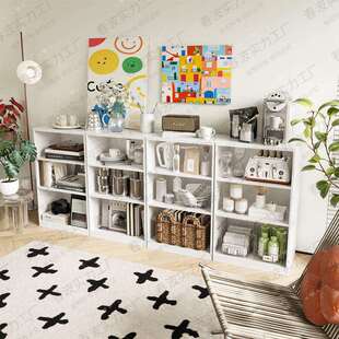 自由组合落地格子柜置物架一体靠墙书架钢制多层飘窗铁艺书柜儿童