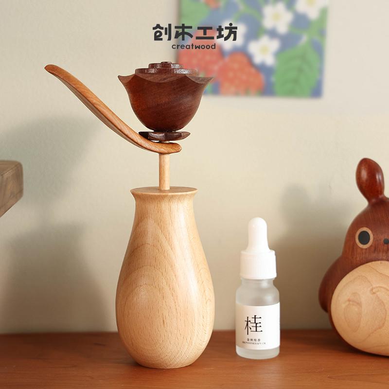 新款一朵玫瑰花/创木工坊实木创意花朵扩香木摆件乔迁情人节礼物