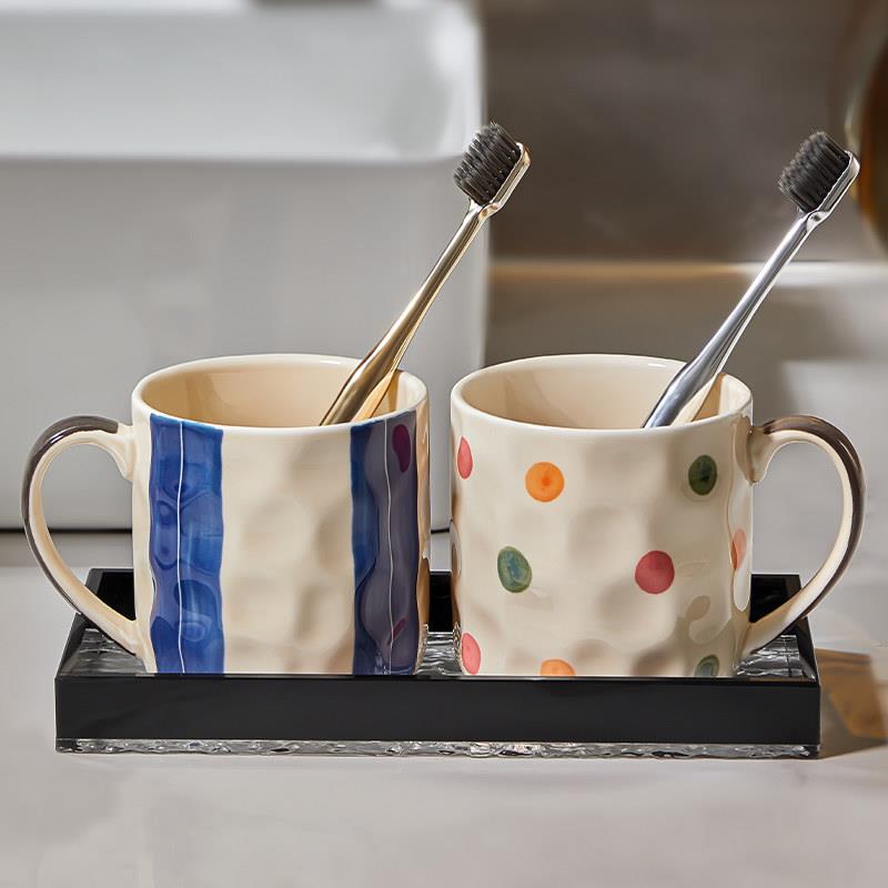 陶瓷漱口杯情侣刷牙杯一对家用高档牙杯高颜值牙缸洗漱杯托盘套装