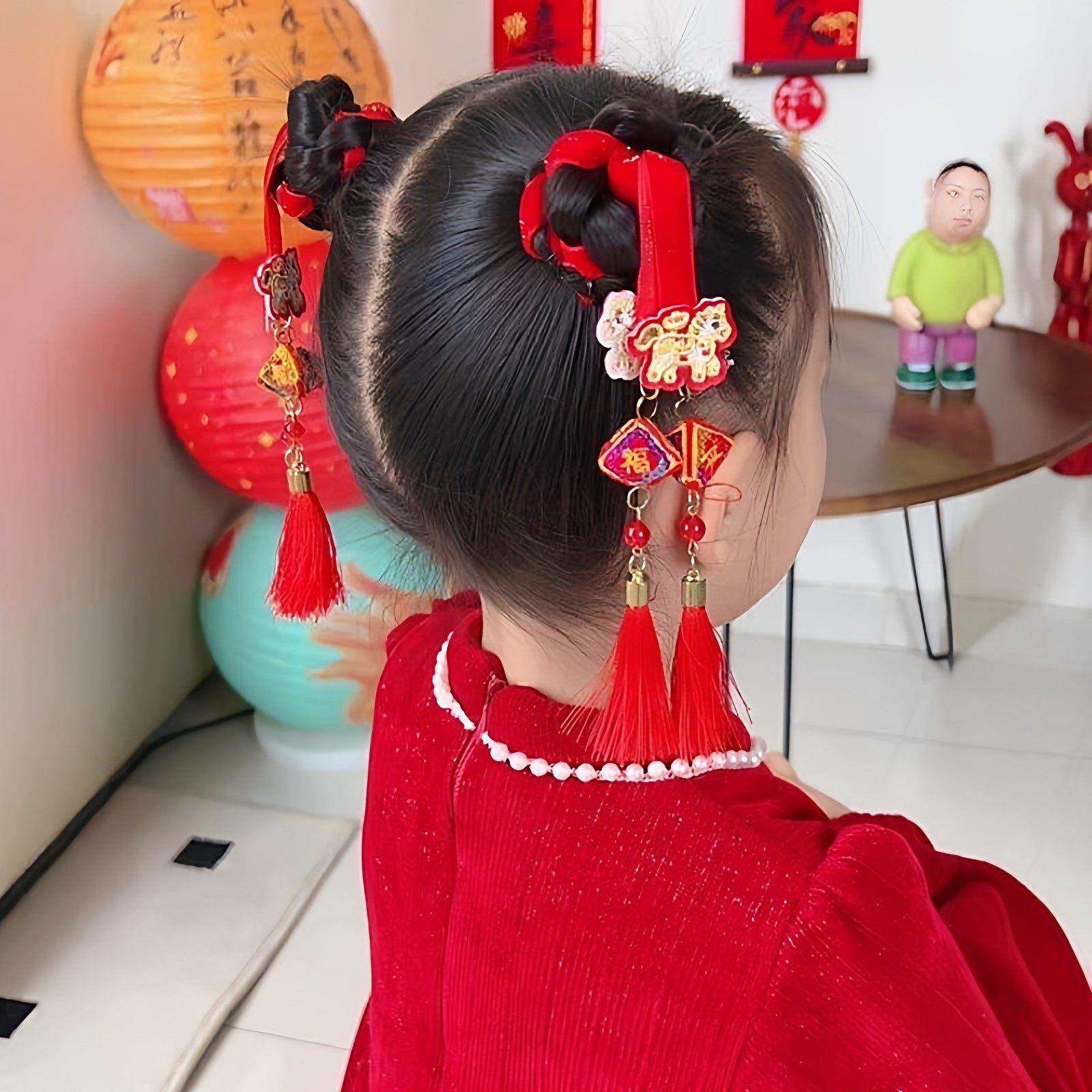 幼儿园文艺汇演头饰中国风铃铛飘带2026马年新年发饰女童编发发带