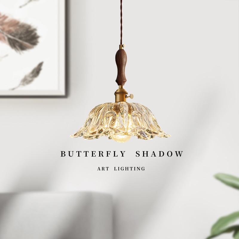 北欧法式花朵玻璃吊灯日式复古胡桃木餐厅吧台民宿床头黄铜灯