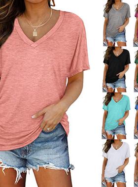 Color Cotton V-Neck Short Sleeve T-Shirt, Casual Fitted