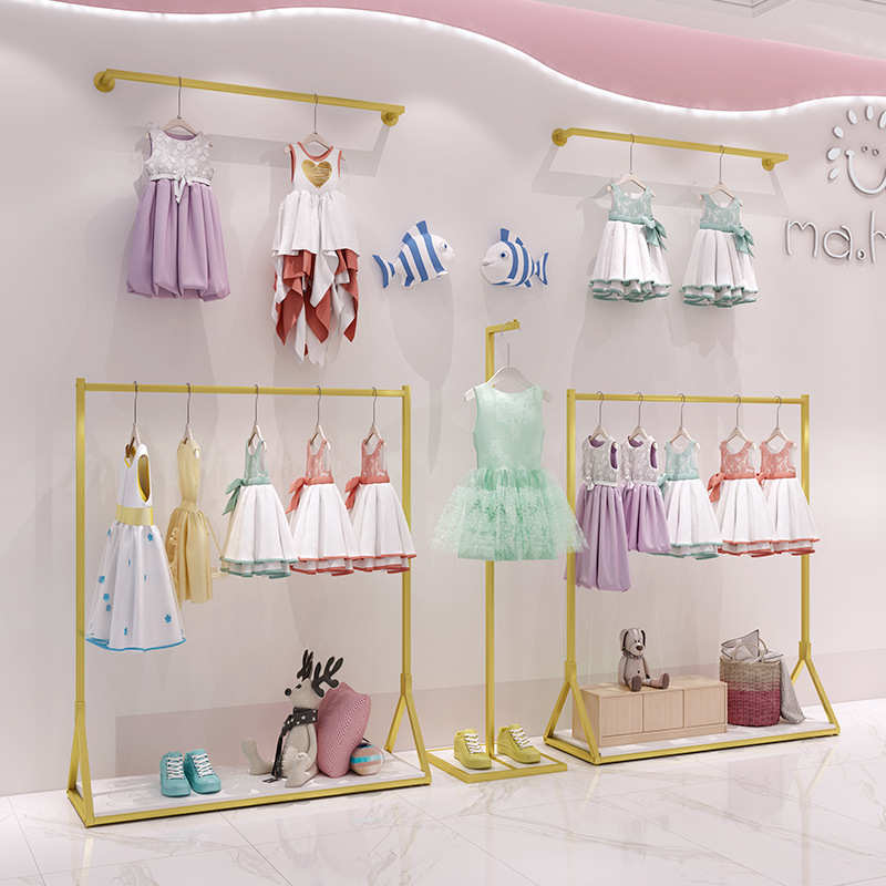 童装店服装展示架陈列货架服装店装上墙挂衣杆儿童金色墙上侧挂架