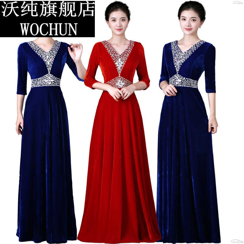 大合唱演出服成人新款显瘦丝绒合唱团表演服主持人礼服女长裙