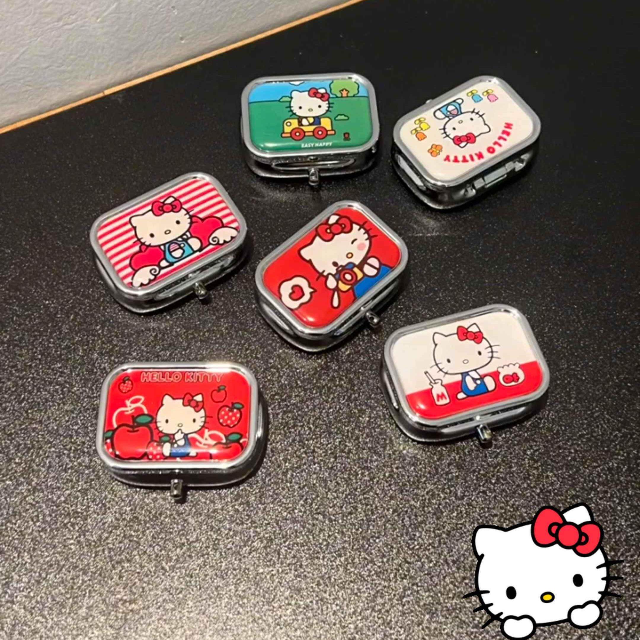 小药盒便携式分装首饰收纳随身凯蒂猫金属药丸盒两格铬色可爱